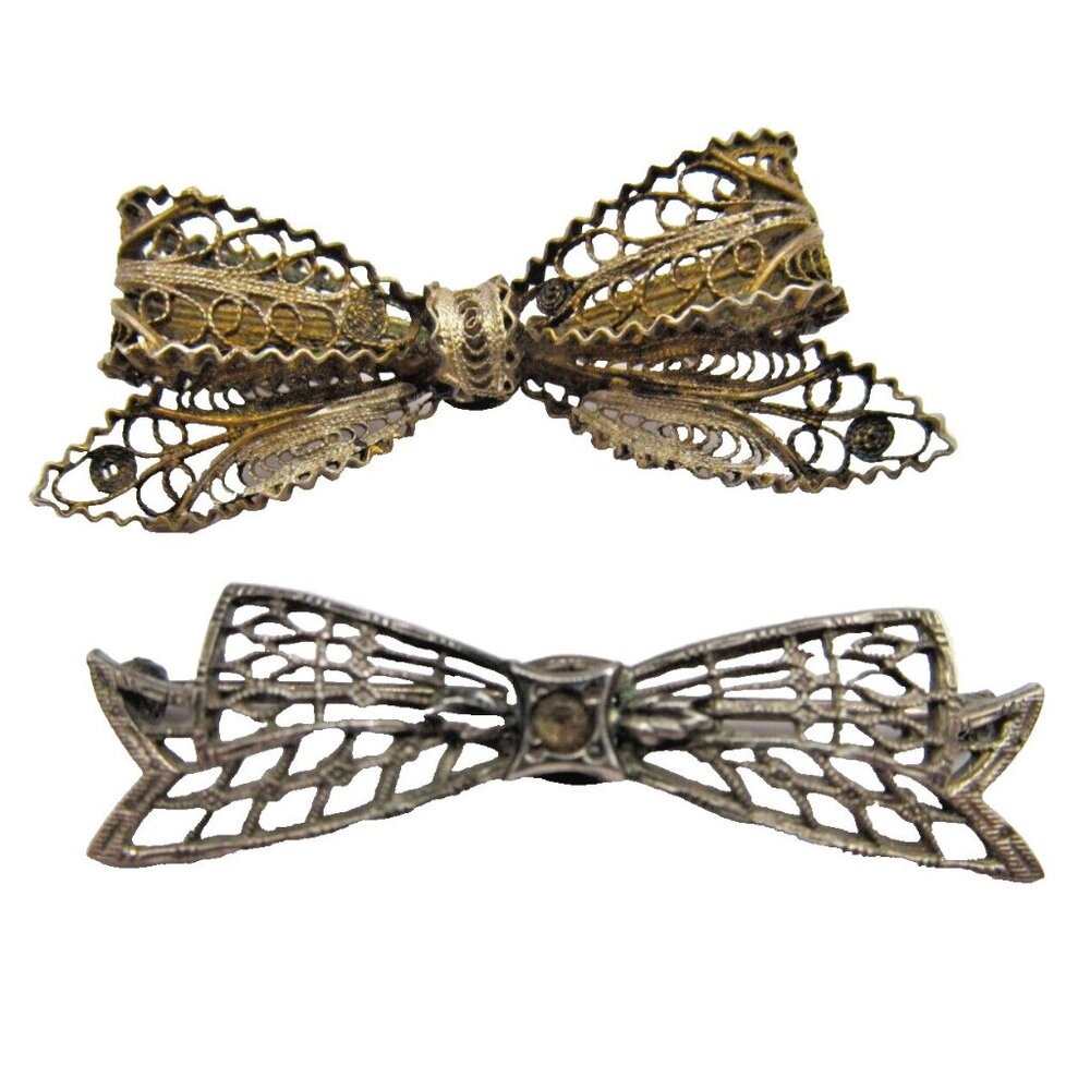Set of 2 Vintage 800 European Silver and Sterling Filigree Bow Pin Brooches